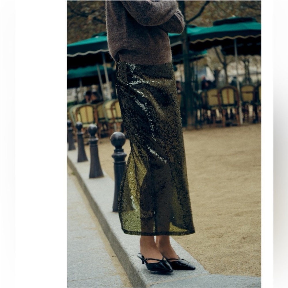 ZARA GREEN SEQUIN MIDI SKIRT 2157/248/500 015/216 - Picture 8 of 16